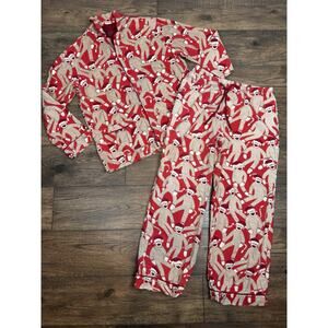 Nick & Nora Flannel Pajama Set Size M Brown Red Sock Monkey Christmas Santa Hat